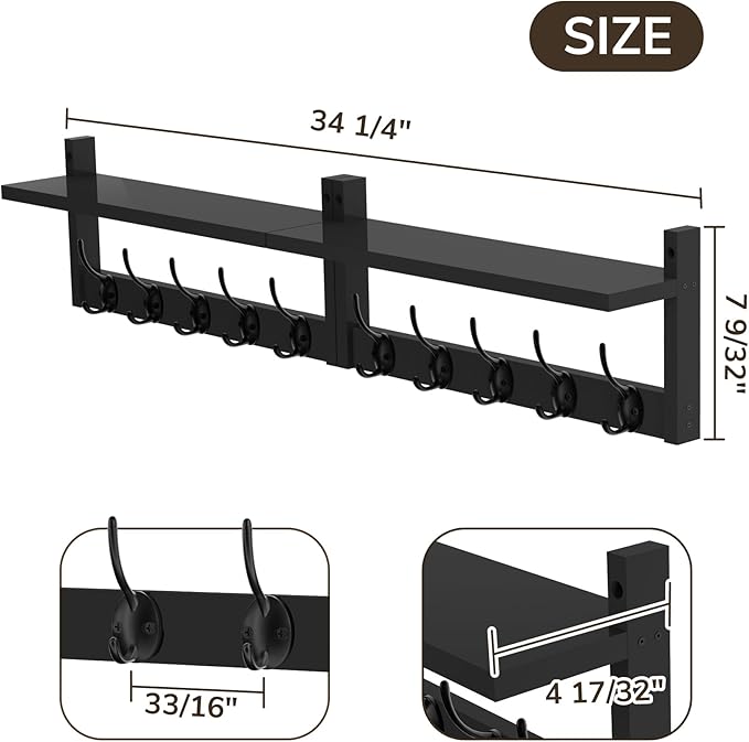 AMBIRD 34.2" Extra Long Wooden Wall Hook Rack with Shelf - Versatile and Decorative Wall-Mounted Storage with 10 Hooks for Coats, Hats, Keys - Ideal for Entryways, Bedrooms, Closets (Stylish Black)
