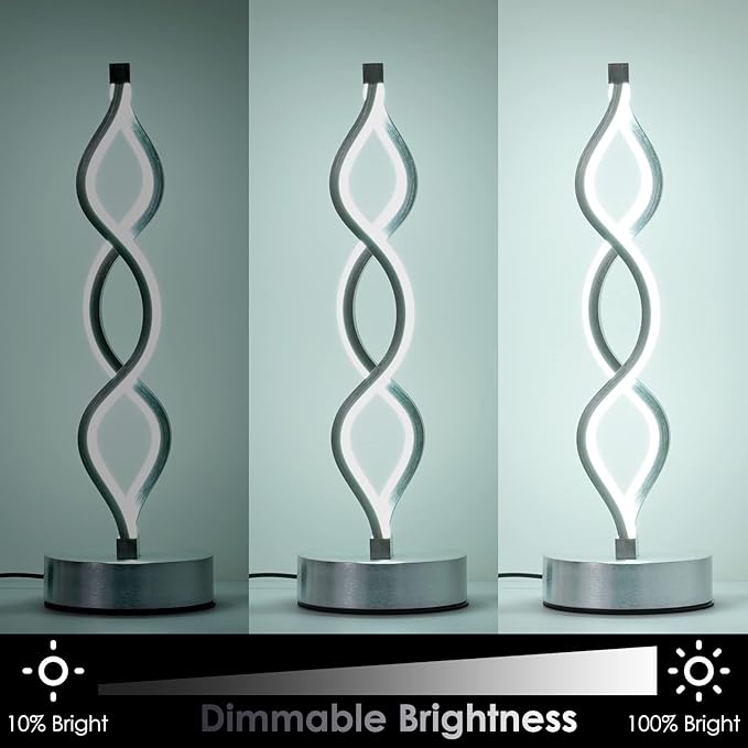 NUÜR Infinity Spiral LED Table Lamp Silver, Dimmable Metallic Bedside Lamp with Touch Controller, 3 Colour Temperature, 15.8 Inch Height, Decorative Lamp for Home, Living Room