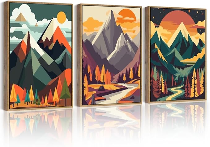PHOPAGO Mountain Framed Wall Art Forest Wall Decor Nature Landscape Art Prints for Living Room Kitchen Decor - 11x14in Natural Framed