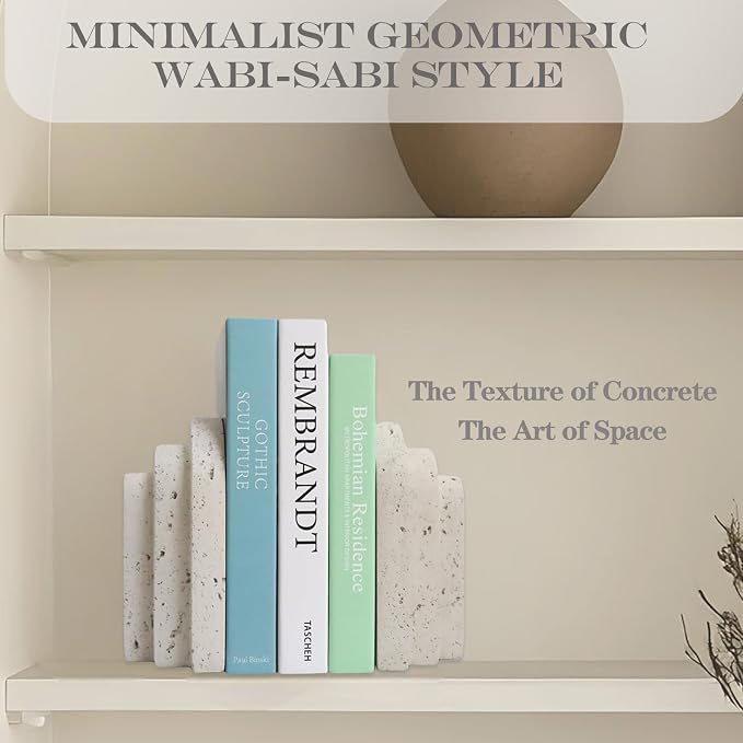 Decorative Book Ends for Shelves - Boho Aesthetic Bookends Decor - Heavy Duty Travertine Book Stopper Holder for Home Office Desk Coffee Table (Grey)
