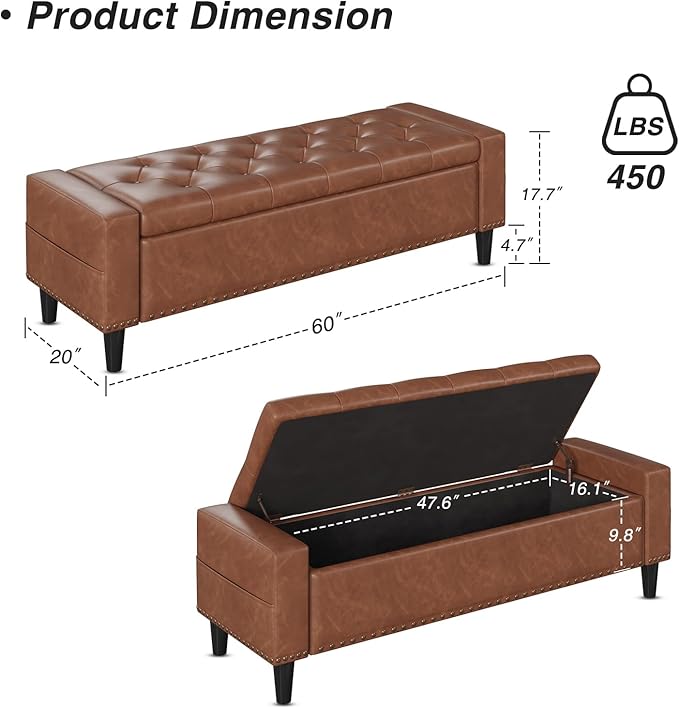 60" Storage Ottoman Bench, Faux Leather Bed Bench with Tufted Buttons and Nailhead Trim, Large Upholstered Ottoman with Storage for King Size End of Bed, Bedroom, Living Room, Entryway, Hallway, Brown