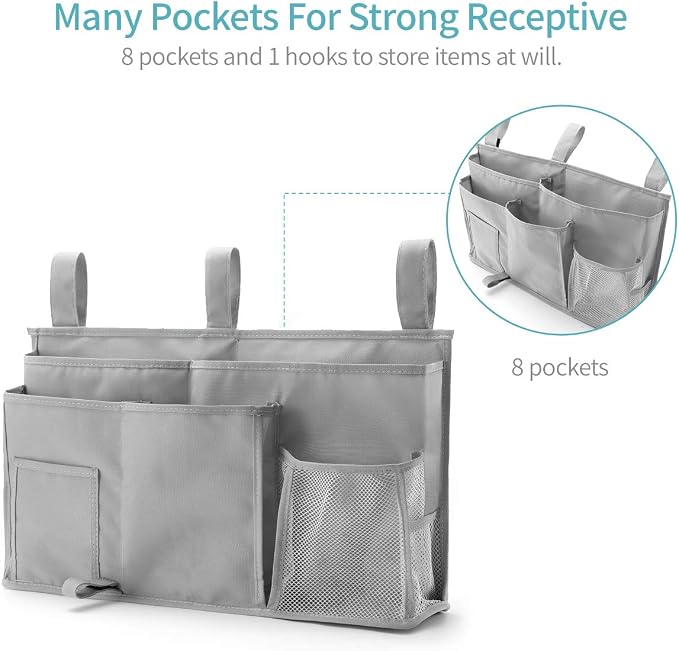 Bseash Bunk Bed Organizer, Bedside Caddy Hanging Bed Organizer Storage Bag 8 Pockets, for College Dorm Rooms Bed, Hospital Bed, Baby Bed Rails, 600D Oxford Cloth (Gray)