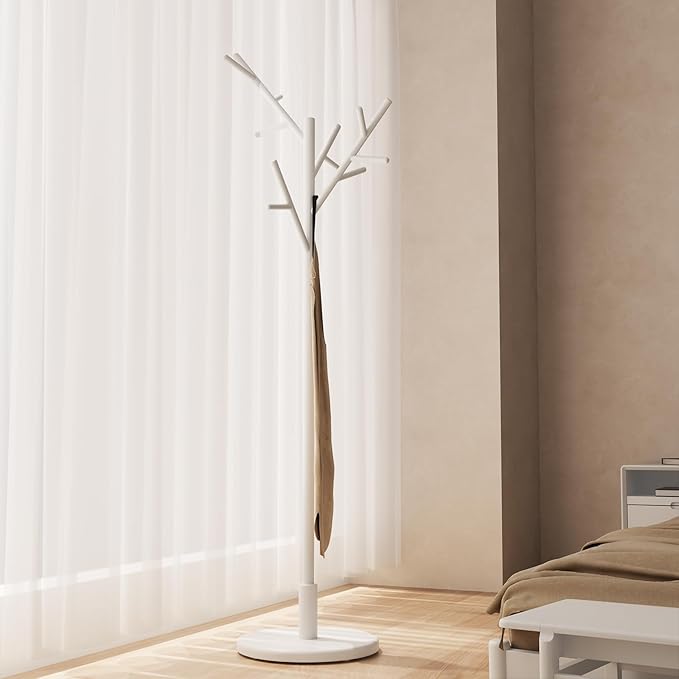 Muwuele Coat Rack, Solid Wood Coat Rack Freestanding with 12 Hooks, Coat tree freestanding 3 Adjustable Heights for coat, Hats, Handbags，Coat Stand for Entryway,Bedroom (White)