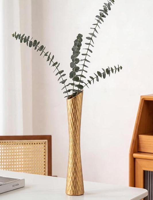 Tall Thin Vase, 16" Tall Ceramic Skinny Waist Vase, Handmade Flower Vases for Centerpiece Table Wedding Decorations Home Decor Party (Golden)