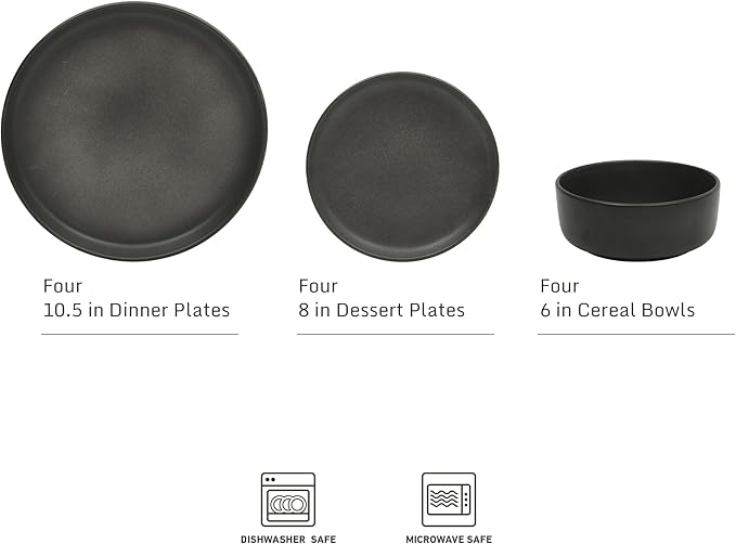 Gibson Elite Pasco 12 Piece (Service for 4) Plates and Bowls Reactive Glaze Dishes Stoneware Ceramic Dinnerware Set - Black