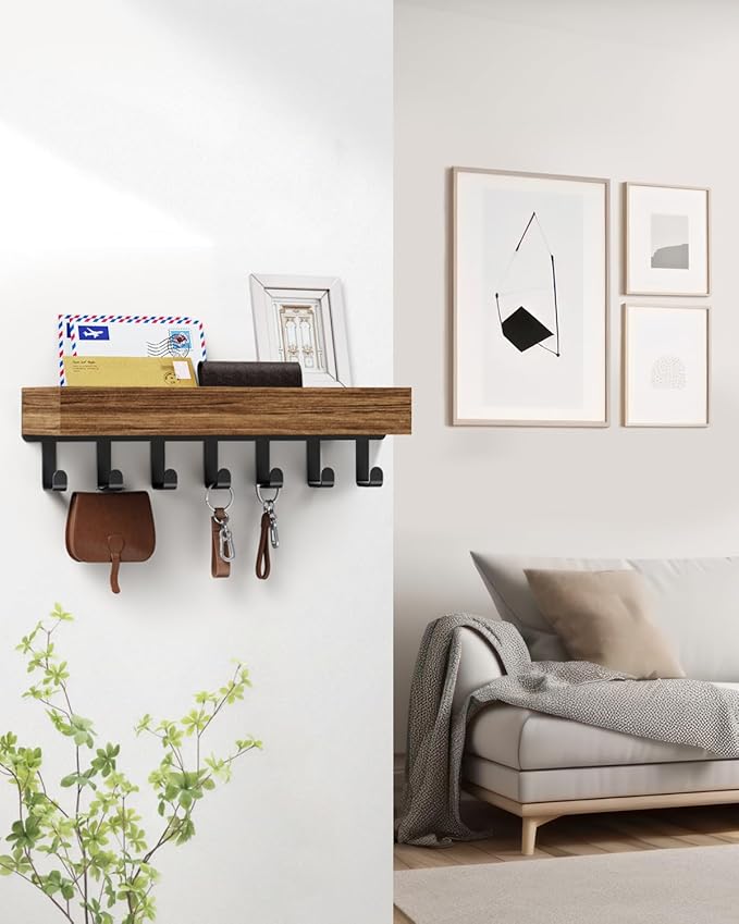 Key Holder Wall Mount Adhesive Magnetic - Hanging Key Hooks with Mail Organizer Tray for Wallet House - Keys Hanger Rack with Shelf for Camper Entryway Door Home Living Room Decor Large Rustic
