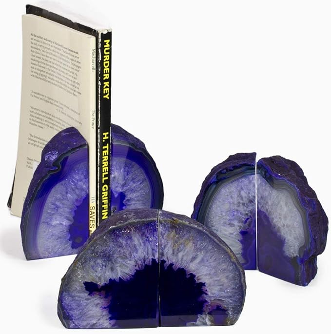 JIC Gem Purple Agate Bookends Geode Book Ends Heavy Duty Crystal Bookends Decorativer with Rubber Bumpers (1 Pair, 4-6 LBS)