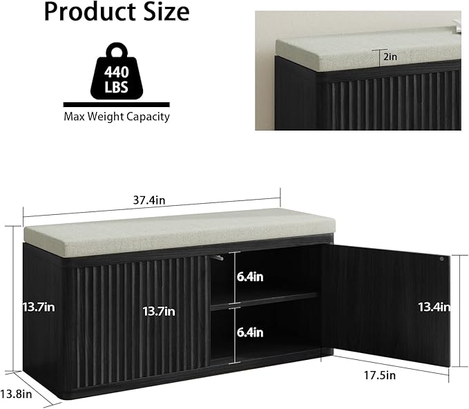 Entryway Shoe Storage Bench with 2" Cushion, 37.4" Small Bench with Shoe Rack, Cabinet Organizer for Hallway, Bedroom End of Bed (Black)
