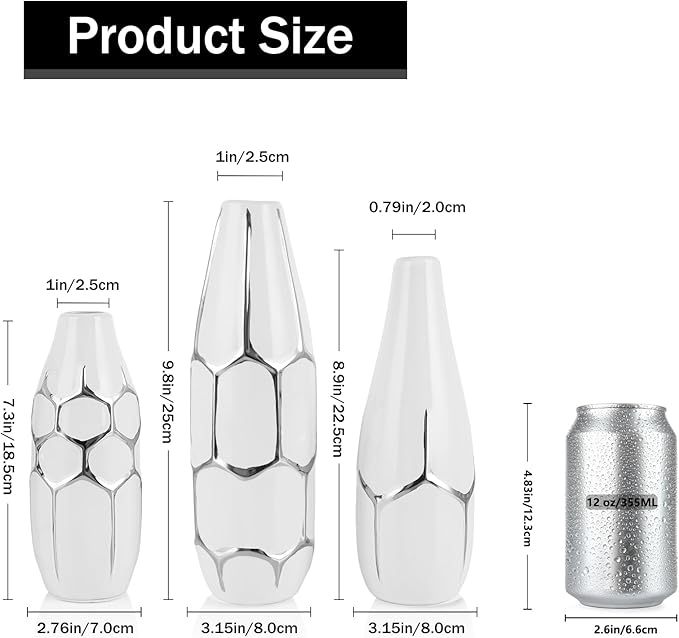 Ceramic Vase Set of 3, Modern Vases for Home Decor, White and Silver for Living Room, Kitchen, Bedroom, Bathroom, Entryway Mantel, Living Room TV Cabinet Decoration