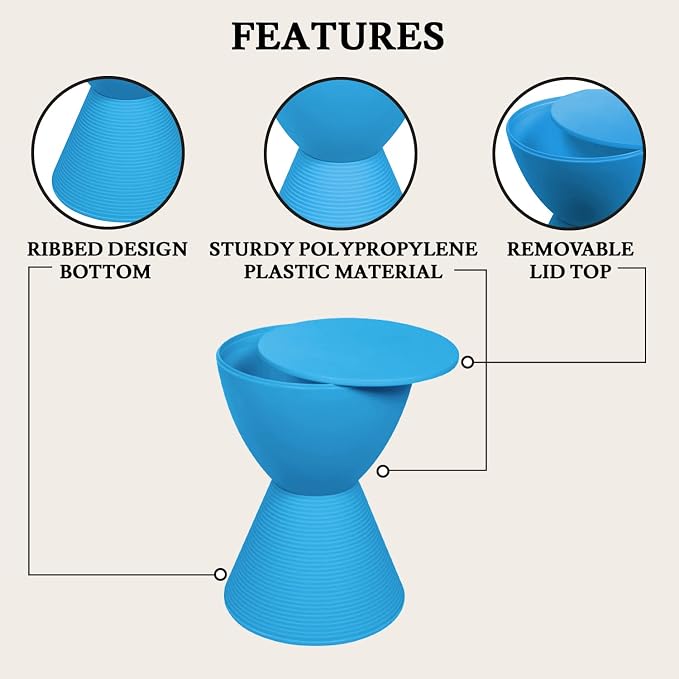 LeisureMod Modern Hourglass Blue Side Table - ABS Shell Drum End Table with Storage for Indoor & Outdoor Use