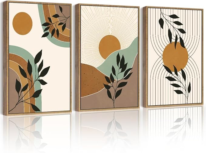 PHOPAGO Boho Abstract Wall Art Large 16x24in Botanical Mid Century Modern Framed Wall Printing Neutral Geometric Prints Bohemain Sage Decor for Farmhouse Home Office - Natural Framed