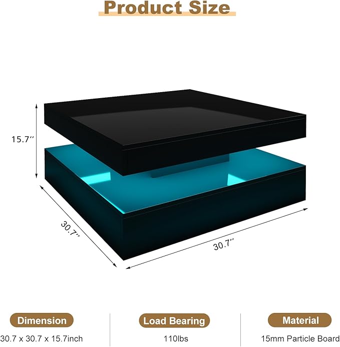 HedoAjim Black LED Coffee Table for Living Room, Living Room Table 2-Tier Square Middle Center Table, Modern Coffee Tables with Storage, Contemporary Wood Tea Tables for Dining Reception