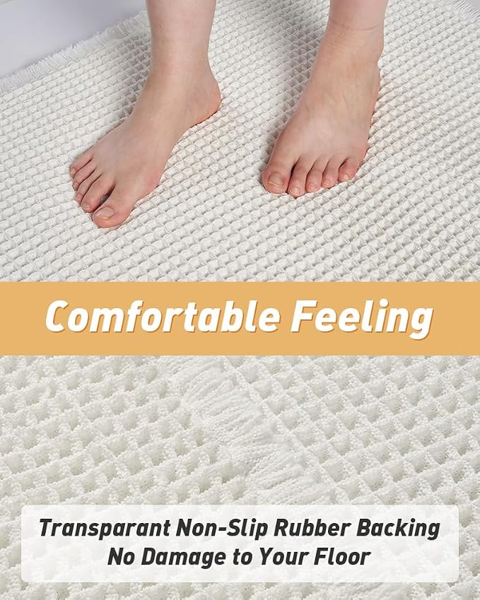 Upgraded Waffle Bath Mat Set of 2, Super Absorbent Non Slip Bath Mats for Bathroom Floor, Washable Boho Bathroom Rugs Set 2 Pieces with Tassels, Soft Bathroom Mat Set, White, 17" x 24" Plus 17" x 48"