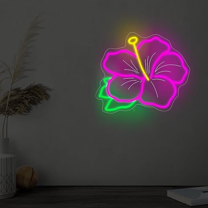 Hibiscus Neon Sign Hibiscus Flower Neon Light Hawaii Floral Neon Light Tropical Flower Sign Home Wall Art Decoration, 15"x12", Pink