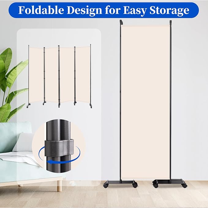 Room Divider 6FT Room Partition with Lockable Wheels Room Dividers, Freestanding Indoor Folding Privacy Screens, Portable Fabric Wall Divider (Cream, 88"- 4 Panel)