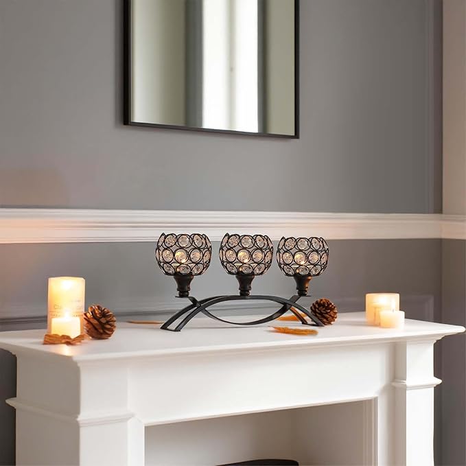 Crystal Tealight Candle Holder Centerpiece Home Decorative Candlestick Holder Elegant Table Centerpiece Home Decor Wedding Party Anniversary (Black, 3 Arm of 4 Pcs)