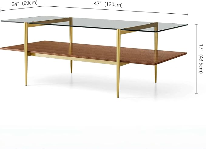 LumFurn X-Large Rectangle Glass Coffee Table, Mid-Century Modern Design for Living Room, L47xW24xH17 inch, 2-Tier Structure, Clear Glass Top and Walnut MDF Shelf, Conical Metal Legs with Gold Finish