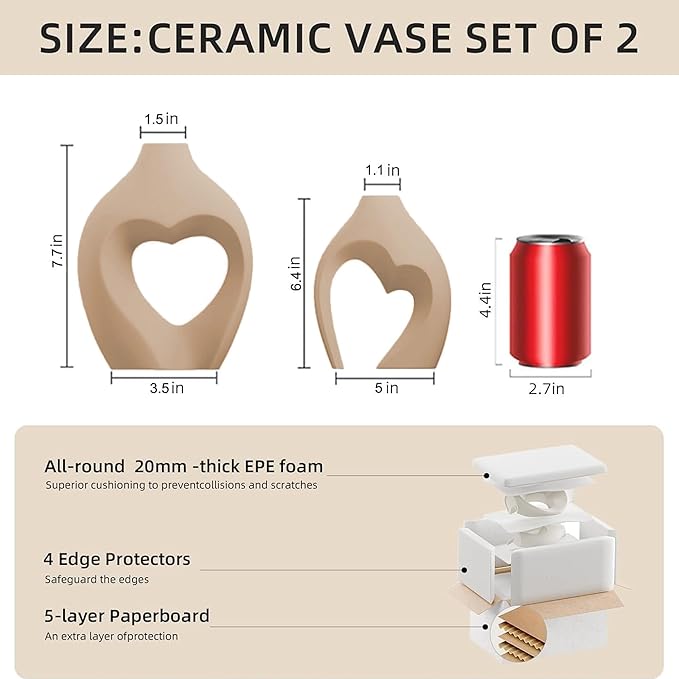 Zormon Brown Vases for Decor, Heart Shaped Ceramic Vase Set of 2, Nordic Heart Shaped Vases, Minimalist Decorative Vase for Table Centerpiece Wedding Dining Living Room Office House Decoration