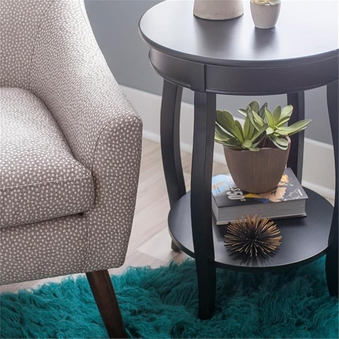 BOWERY HILL Round Wood End Table with Shelf, 18.5 x 24 in, Black Finish, MDF and Pine Wood, Bentwood Skirt, Contemporary Accent Table for Living Room or Bedroom