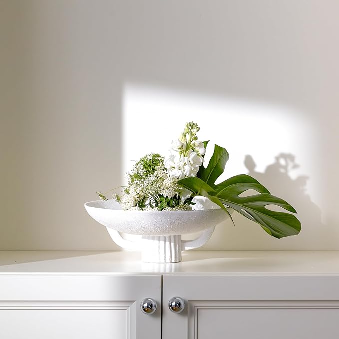 White Resin Decorative Bowl for Boho Modern Home Decor, 11.2" Large Elegant Pedestal Kitchen Fruit Bowl/Key Holder/Potpourri for Entryway Table, Coffee Table, Dining Room,Table Centerpiece Bowl
