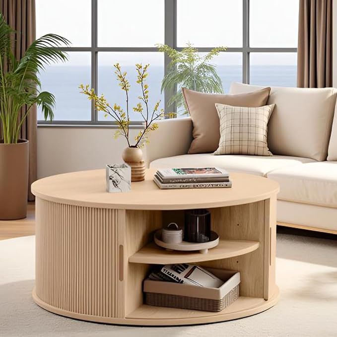 LINSY HOME Round Coffee Table, 31.5" Drum Coffee Table with Sliding Tambour Door, Fluted Accent Center Table with Storage, Mid Century Modern Coffee Table for Living Room, Oak