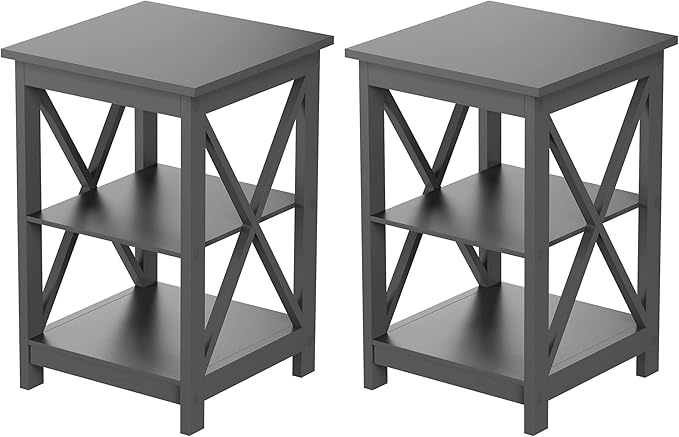 Side Tables with Two Shelves – Set of 2 Contemporary Nightstands with X-Legs – Wooden End Table Pair for Living Room or Bedroom by Lavish Home (Gray)