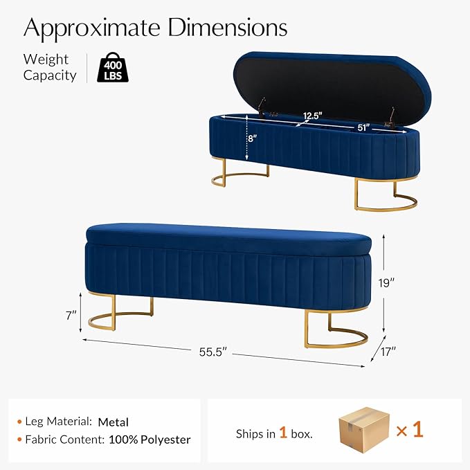 55.5" Velvet Upholstered Storage Bench with Channel Tufted Seat and Metal Legs, Multi-Functional Ottoman with Interior Organizer Pockets for Bedroom and Entryway, Flipping Lid Large Window Bench