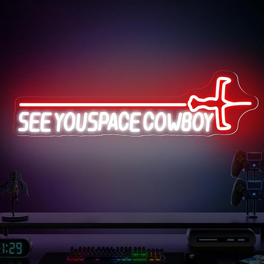 See You Neon Space Sign Retro Anime Cowboy LED Light, Sci-Fi LED Wall Decor for Gaming Room Bedroom Desk Setup, Dimmable USB Neon Light for Anime Fans Man Cave Apartment Streamer Setup, 22x5.9"