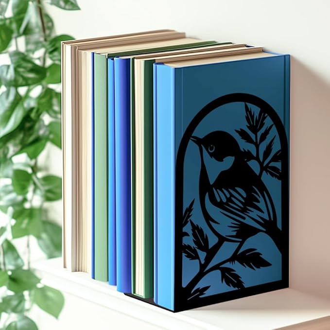 INFUNLY Bird Bookends Decorative Metal Book Ends for Shelves 4.7"×7.1" Non-Skid Heavy Duty Bookends Unique Office Desk Book Stand for Heavy Books Black Book Stopper to Hold Books for Home Office Decor
