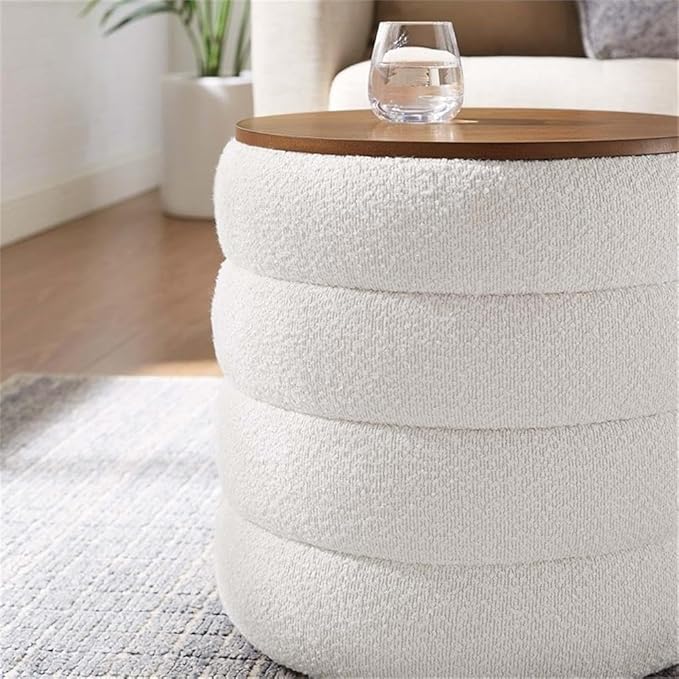 Modway Mezzo Round Boucle Fabric Storage Ottoman Stool in Cloud - Channel Tufted Ottoman - Upholstered Footrest - Versatile End or Side Table with Storage