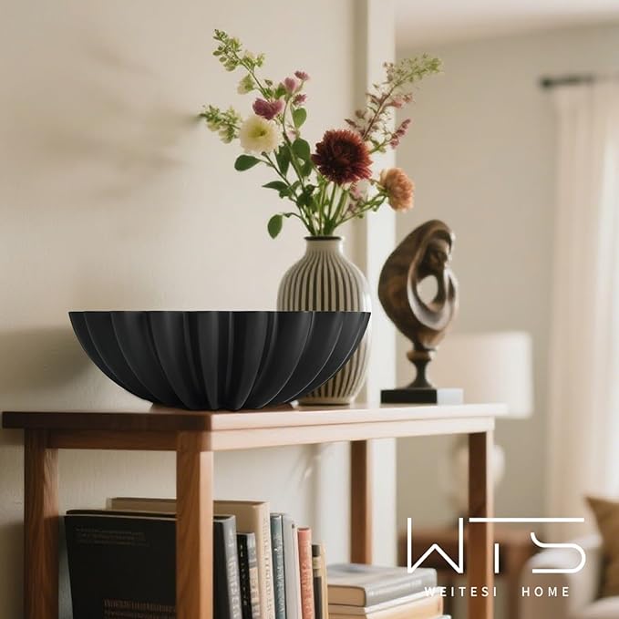 Decorative Fruit Bowl for Kitchen Counter, Large Decorative Bowl Modern Handicraft Bowl for Home Decor, Stylish Key Bowl for Entry Table, Coffee Table Decor, Home Decor Accent, Artificial Stone Black