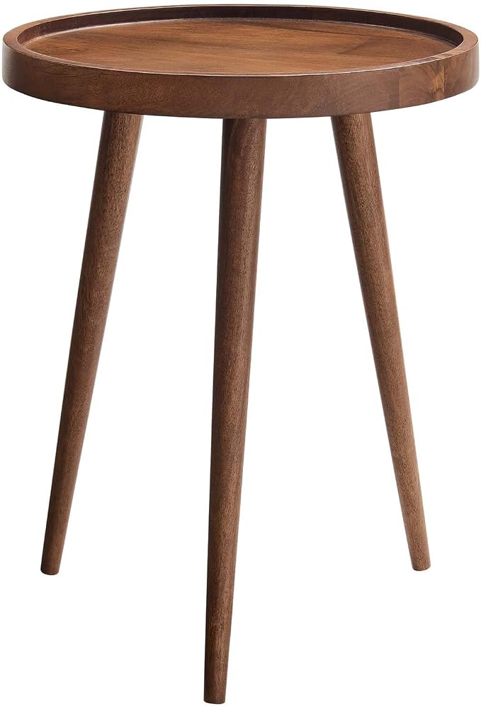 Modway Chiro Solid Wood Side Table in Walnut with Tray Top - Mid-Century Modern Round Accent Table - Small Bedside Table with Tapered Legs - Living Room End Table