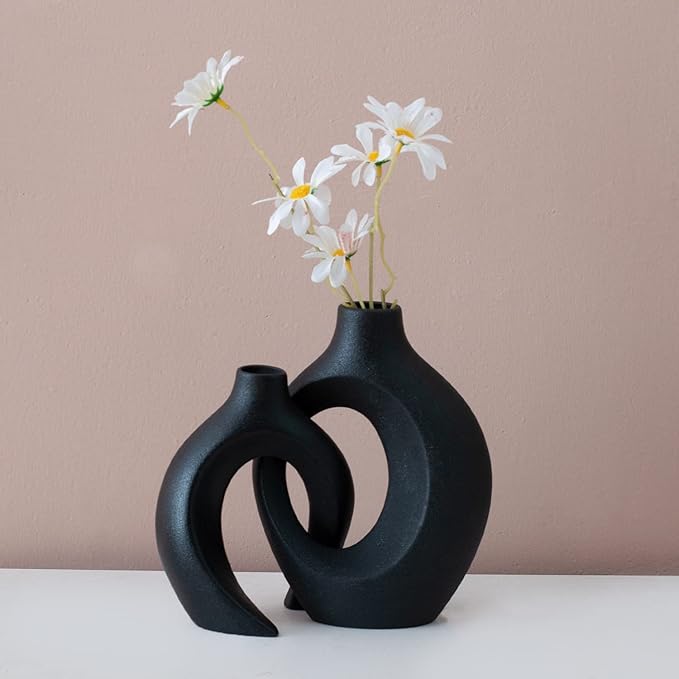 Liotww Black Vases Home Decor Set of 2, Ceramic Black Small Flower Vase, Minimalist Boho Decorative Modern Donut Vase for Farmhouse Living Dining Room Office Entryway Bookshelf Coffee Table Décor