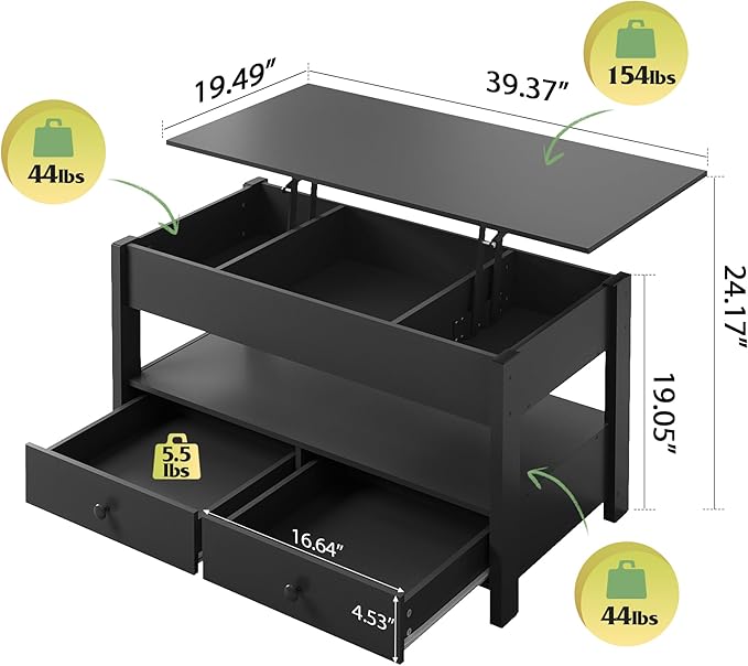 WLIVE Coffee Table, Lift Top Coffee Table with 2 Drawers, Large Hidden Compartment and Open Storage Shelf, Lift Tabletop, Dining Table for Living Room, Black