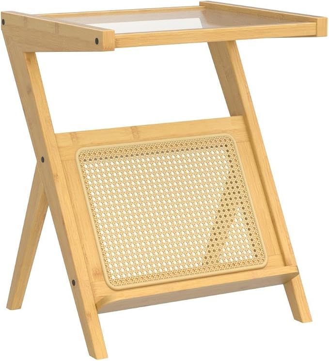 Bamworld Rattan Side Table Boho Night Stand Glass Bedside Small End Tables Bamboo Bedroom Coffee Table with Storage for Living Room and Outdoor Nature