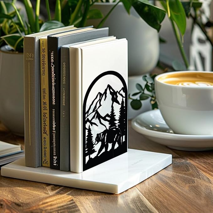 Peacoblue Metal Bookends for Shelves, 3 Pair of Modern Decorative Heavy Duty Study Book Support Stoppers for Office Desk Shelf Room 5.3"x4.3"x7.9" Cast Iron Bookends (Mountain and Forest with Bear)