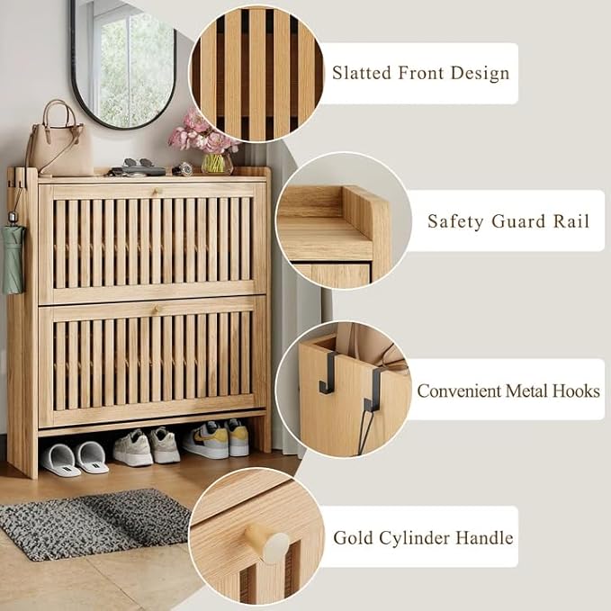 wanan 31.5" Shoe Cabinet with 2 Flip Slatted Drawers, Adjustable & Removable Panels, Narrow Shoe Cabinet Storage for Entryway, Hallway, Shoe Rack Organizer Cabinet, Light Oak