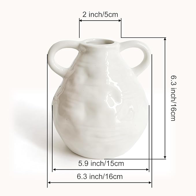 LIFFY Ceramic Vase for Flowers, 6.3 Inch Tall Farmhouse Centerpiece with Double Handles, Rustic Terracotta & Modern Navy White - Home Table Decor (White)