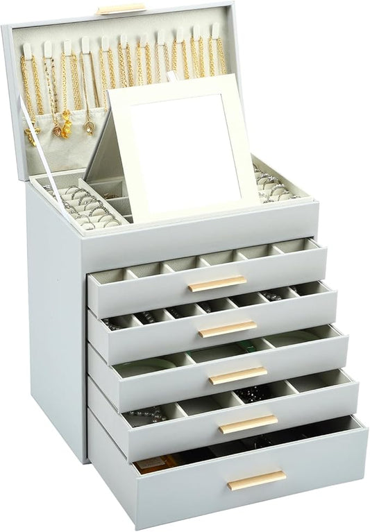 BOOVO Jewelry Boxes for Women, White and Black 6 Layer Large Jewelry Box for Necklace, Bracelet, Earrings, Rings Storage, Jewelry holder Organizer for Girls Gift (Grey and Gold, 6 layer)
