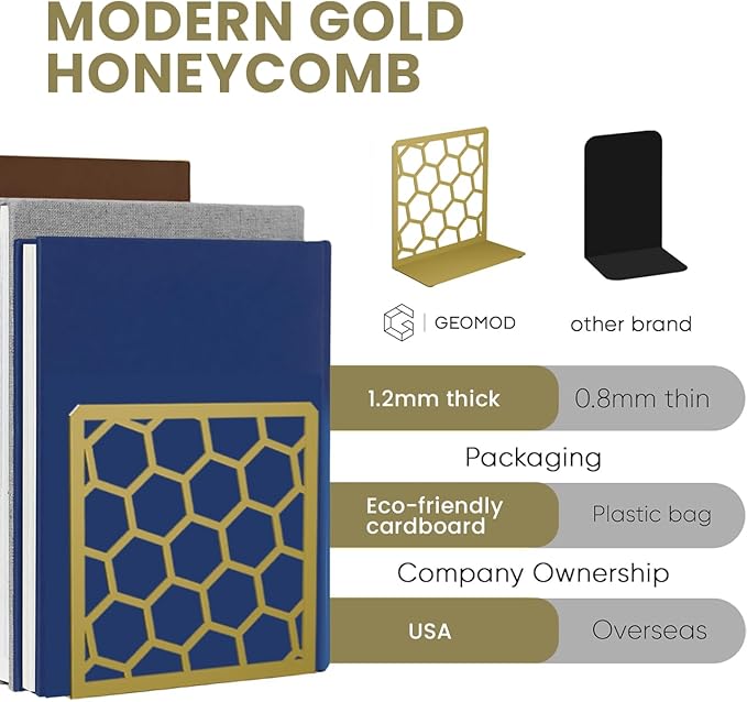 Gold Geometric Honeycomb Metal Bookends - Book Ends for Shelves - Decorative Modern Heavy Duty Bookend Stopper - Book Ends for Heavy Books - Home Office Book Holder - 1 Pair, 6x3.25x6.25 in
