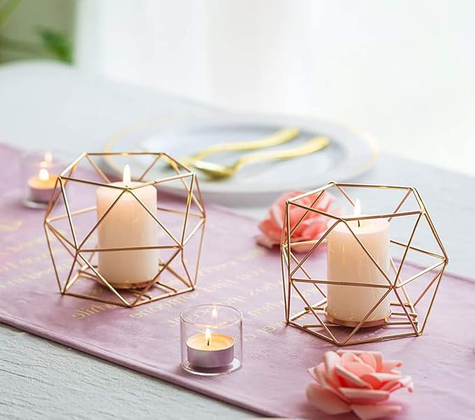 Hewory Geometric Tealight Candle Holders Gold, Modern Metal Geo Wedding Centerpieces for Table, Votive Candle Stand Accent for Tea Light for Home Shelf Mantel Christmas Birthday Party Decor, 6pcs