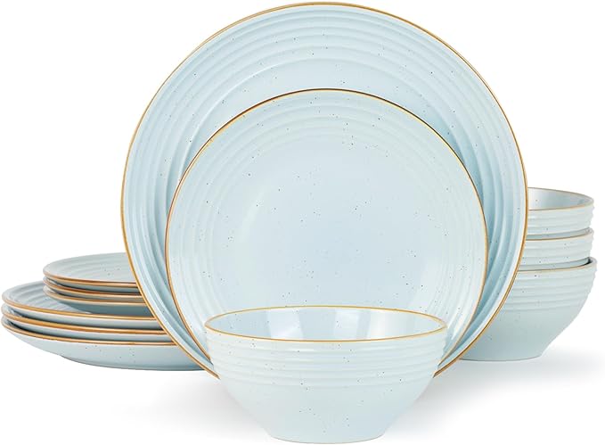 Famiware Jupiter 12-Piece Stoneware Dinnerware Set, Handcrafted Plates and Bowls with Speckles & Embossed Swirls, Chip/Scratch Resistant, Microwave/Dishwasher Safe, Modern Dishes, Service for 4, Blue