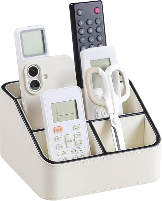 Remote Control Holder, PU Leather Small Desk Organizer with 4 Compartments, Nightstand Organizer Office Desk Accessories Desk Caddy for Countertop Bedside End Table (Cream)