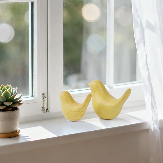 2 Pcs Ceramic Small Bird Figurines Modern Animal Statues for Home 、Room Decor and Bedroom Decor and Bookshelf Display (Light Wood Grain)