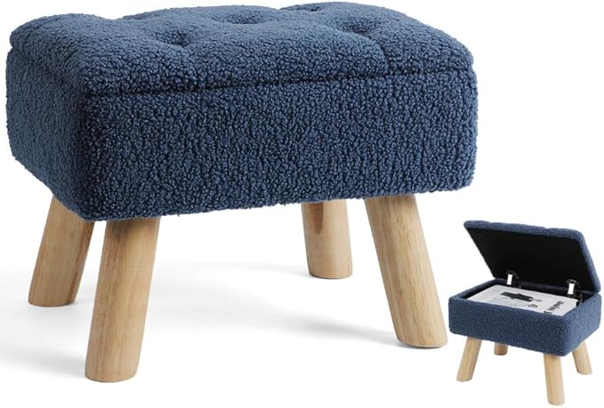 OGEMXU Storage Ottoman, Small Foot Stool Ottoman with Storage, Boucle Teddy Velvet Foot Rest with Padded Seat, Sturdy Wood Legs Stool for Living Room, Bedroom, Couch, Enterway (Dark Blue)