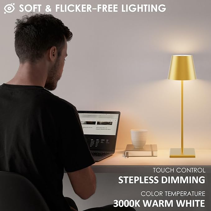 2-Pack LED Cordless Table Lamp 3W 5000mAh Rechargeable Battery Operated Stepless Dimmable Portable Lamp for Restaurant, Bedroom, Outdoor (Gold)