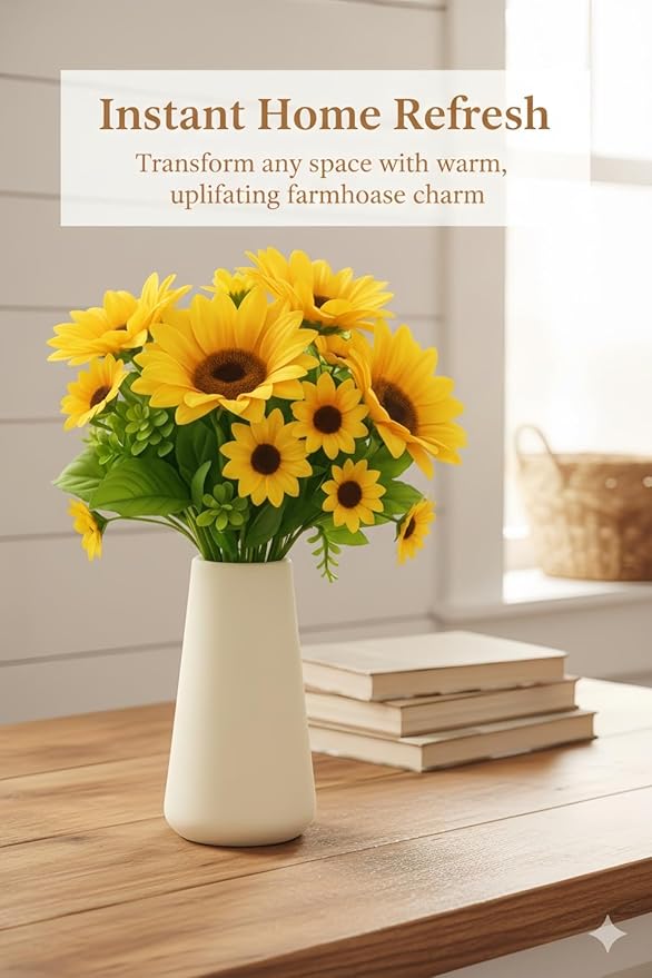 Ceramic Vase with Artificial Sunflower Flowers - Modern Farmhouse Home Decor Deals - Matte Ivory White Pottery Centerpiece for Living Room Coffee Table Bedroom Kitchen & Dining Gift