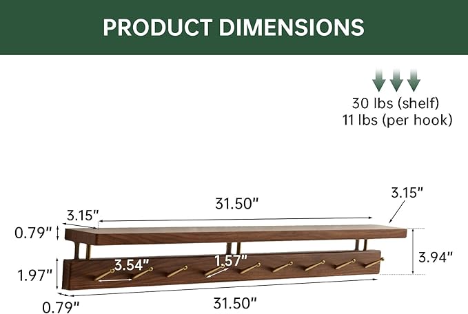 Walnut Wall Hooks with Shelf, Coat Rack Wall Mount, Entryway Hanging Shelf with 9 Brass Hooks for Hats, Clothes, Towels, Bags, Black Walnut Wood, Natural