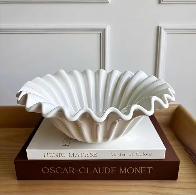 11" Scalloped Wavy Ruffle Decorative Bowl for Kitchen Counter and Table Centerpiece - Large White Fluted Aesthetic Bowl for Minimalist Entryway Console, Coffee Table (Creamy White, 11'')