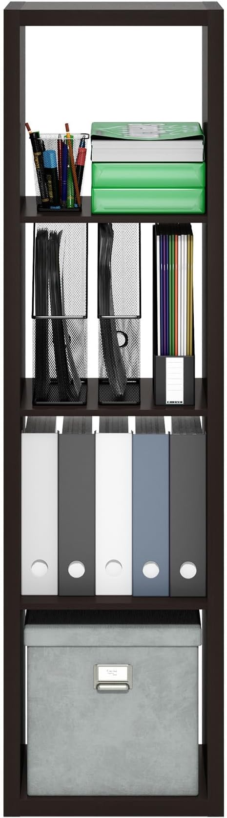 Furinno CUBICLE Book Shelf, Vertical 4-Cube Bookshelf, Extra Thick Horizontally & Vertically Reversible Bookcase with Open Back, 14.6" x 16" x 58",For Living Room, Bedroom, Home Office, Black Dark Oak